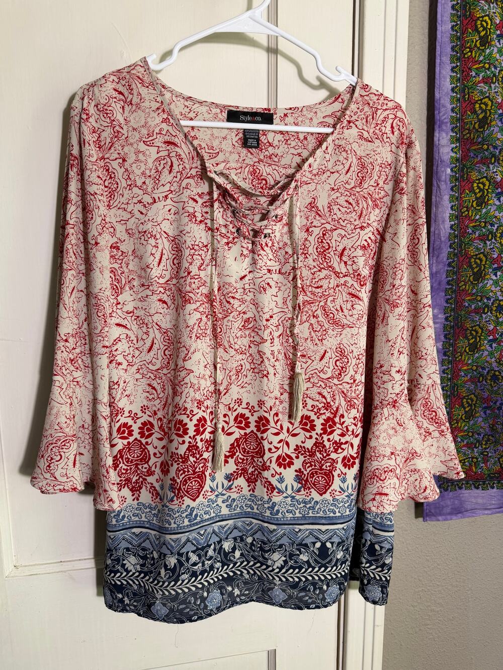 Style & Co Paisley Peasant Blouse Medium Red Blue Bell Sleeve Lace Up Boho Top